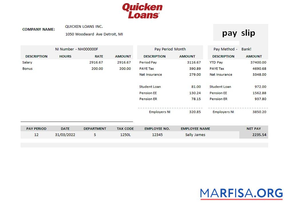 Blank USA Quicken Loans Inc. mortgage loan company pay stub download for verification